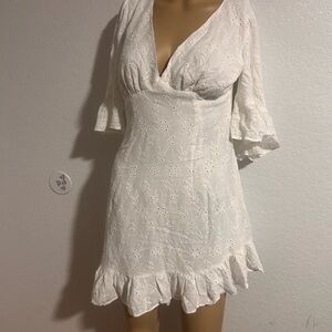 Sky‎ to Moon White Plunge Neck Bell Sleeve Mini Dress